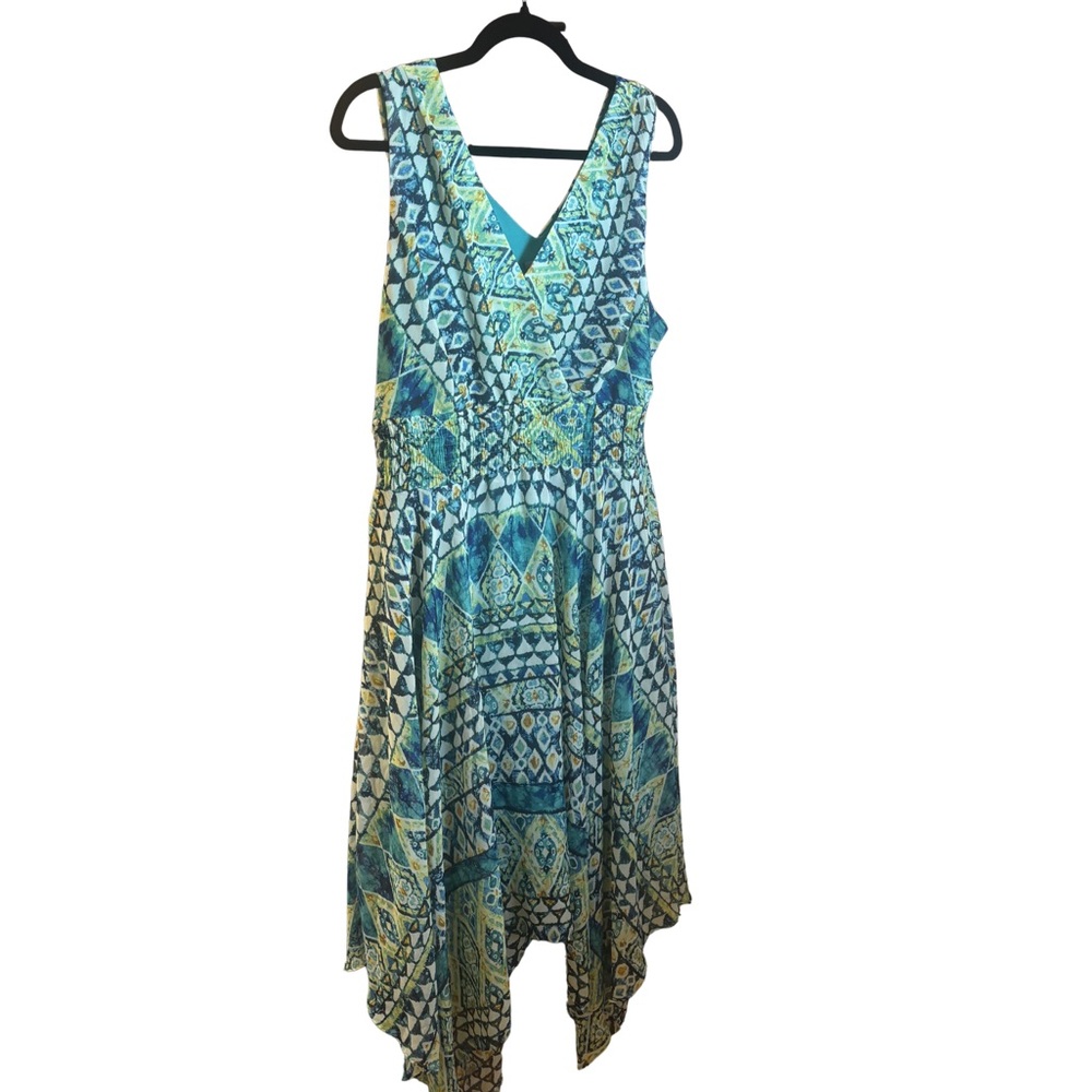 Women's Blue & Green Geometric V-Neck Handkerchief Hem Dress 16